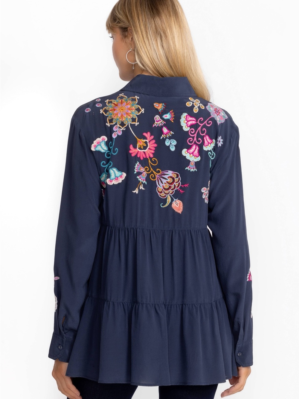 NWT - Johnny Was Navy Alesa Tiered Silk Tunic - Sz Medium - Picture 2 of 11
